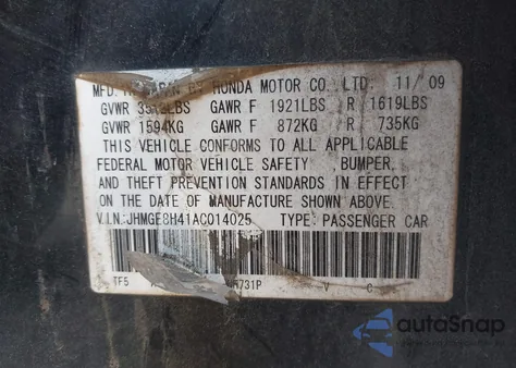 2010 Honda Fit Sport из США, поврежденный, VIN JHMGE8H41AC014025